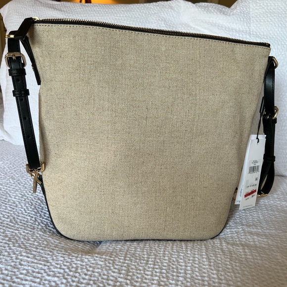 Calvin Klein purse. Tan tweed/linen material with black leather pockets/handles - Picture 7 of 10
